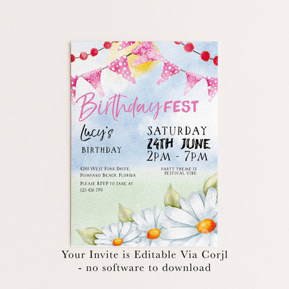 Pastel Festival Birthday Invitation, Editable Birthday Fest Invite with Bunting and Daisies, Corjl Template, Digital Download Printable FST