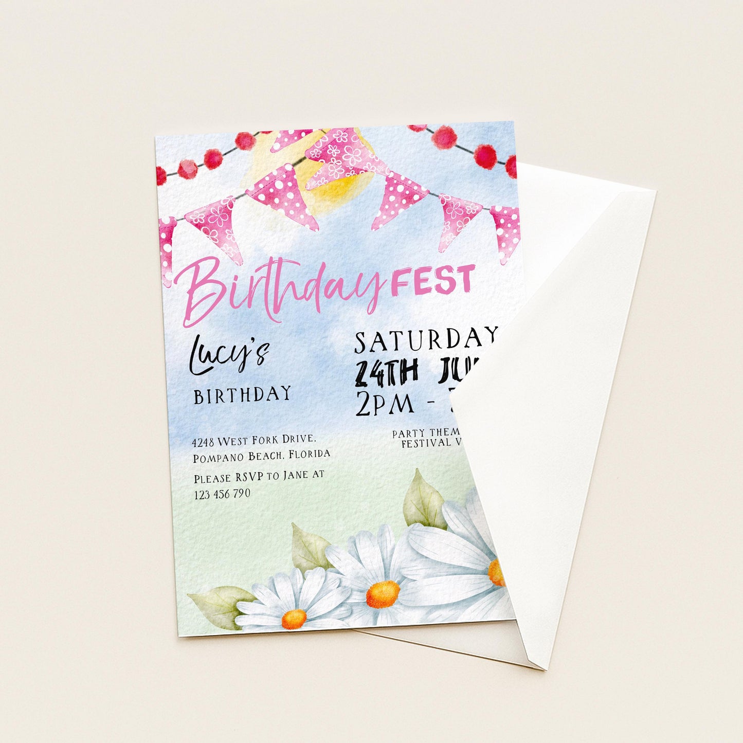 Pastel Festival Birthday Invitation, Editable Birthday Fest Invite with Bunting and Daisies, Corjl Template, Digital Download Printable FST