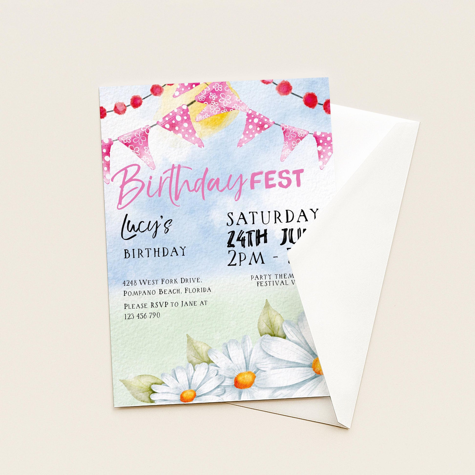 Pastel Festival Birthday Invitation, Editable Birthday Fest Invite with Bunting and Daisies, Corjl Template, Digital Download Printable FST