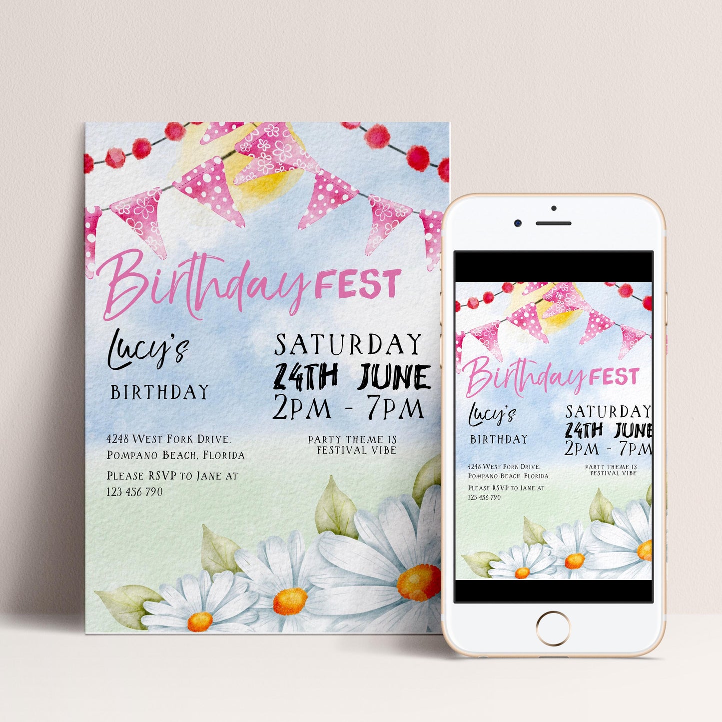 Pastel Festival Birthday Invitation, Editable Birthday Fest Invite with Bunting and Daisies, Corjl Template, Digital Download Printable FST
