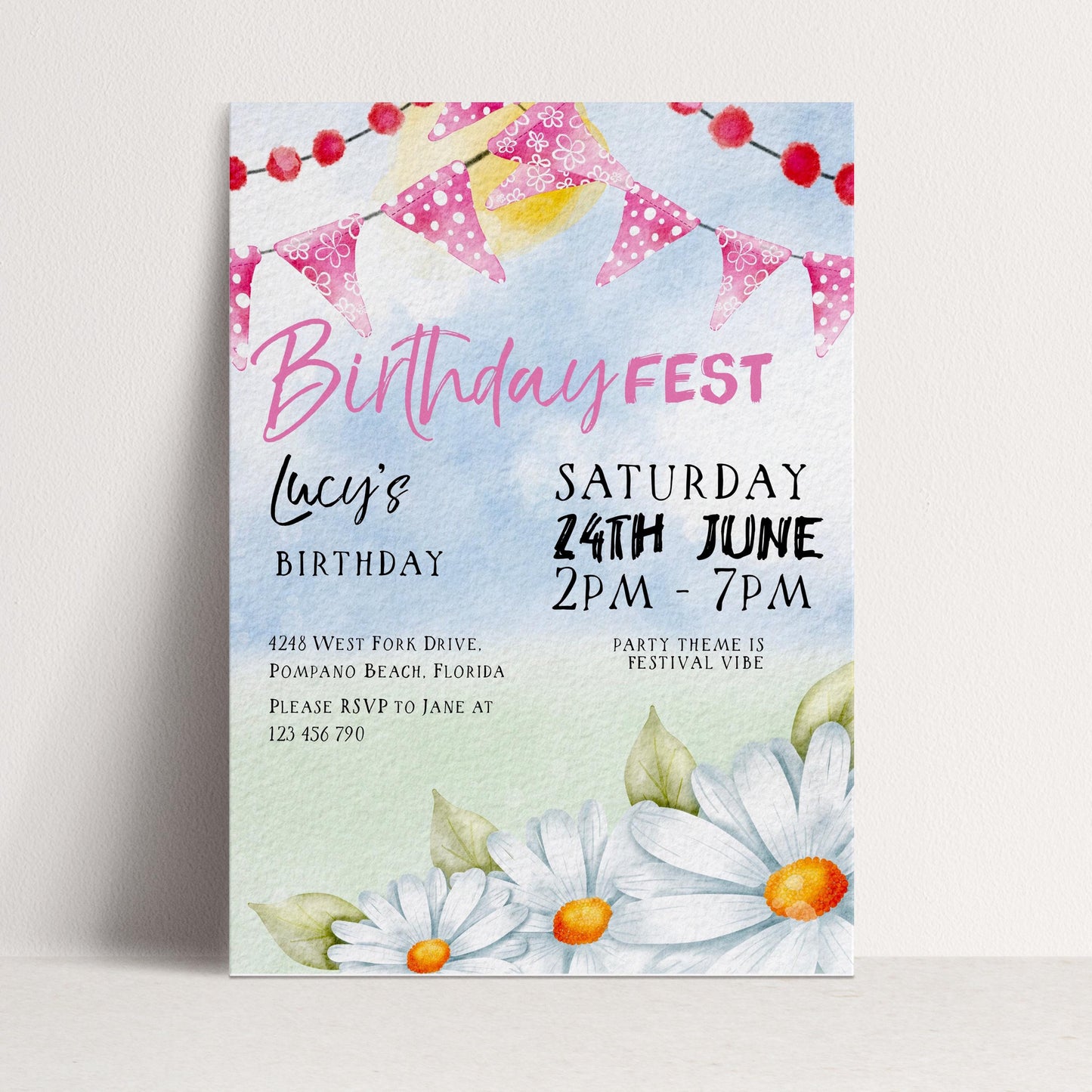 Pastel Festival Birthday Invitation, Editable Birthday Fest Invite with Bunting and Daisies, Corjl Template, Digital Download Printable FST