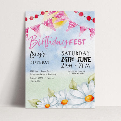 Pastel Festival Birthday Invitation, Editable Birthday Fest Invite with Bunting and Daisies, Corjl Template, Digital Download Printable FST
