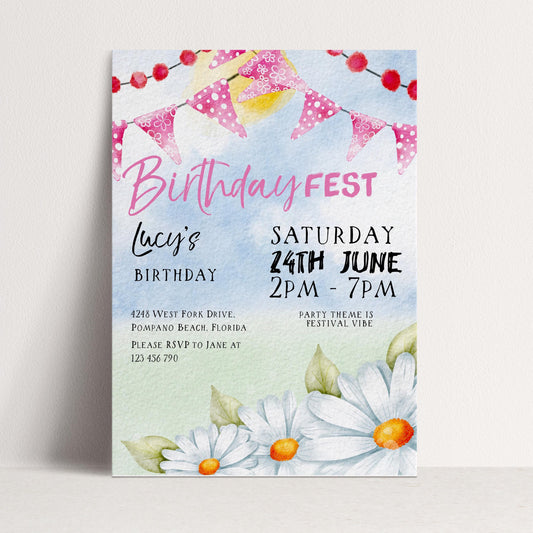 Pastel Festival Birthday Invitation, Editable Birthday Fest Invite with Bunting and Daisies, Corjl Template, Digital Download Printable FST