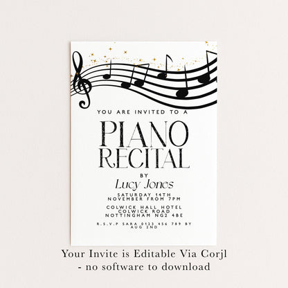 Elegant Piano Recital Invitation | Music Event Digital Invite | Black and White Editable Template | Printable & Instant Download