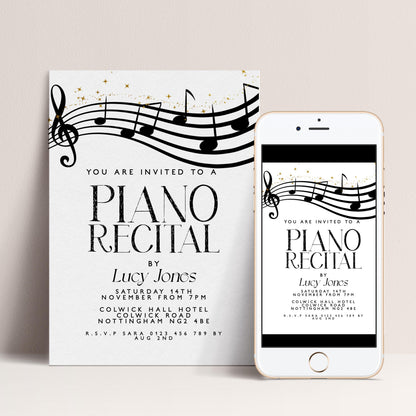 Elegant Piano Recital Invitation | Music Event Digital Invite | Black and White Editable Template | Printable & Instant Download