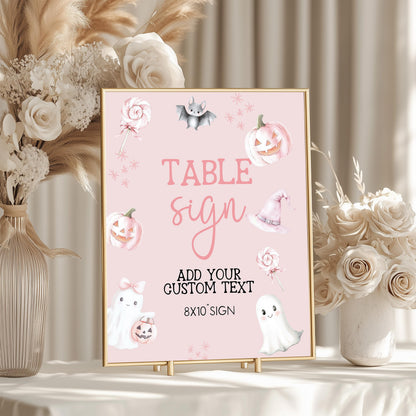 Pink A Little Boo Table Sign – Editable Halloween Baby Shower Decor, 5x7 & 8x10 Corjl Printable Template, Girl Ghost Party Sign BO31