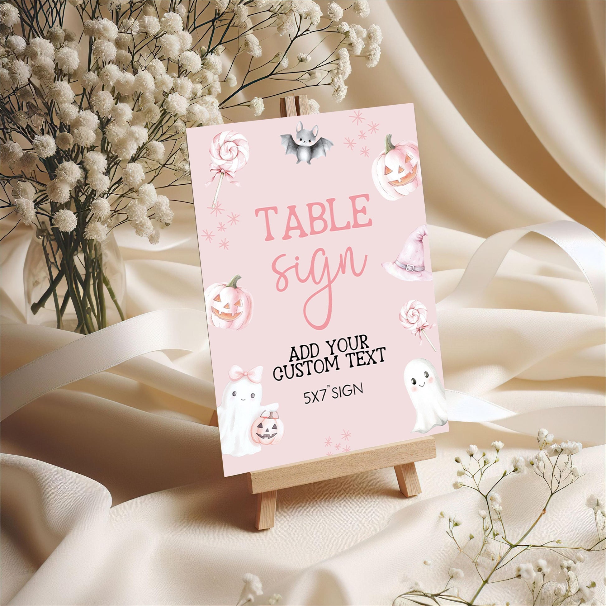 Pink A Little Boo Table Sign – Editable Halloween Baby Shower Decor, 5x7 & 8x10 Corjl Printable Template, Girl Ghost Party Sign BO31