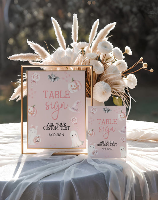 Pink A Little Boo Table Sign – Editable Halloween Baby Shower Decor, 5x7 & 8x10 Corjl Printable Template, Girl Ghost Party Sign BO31