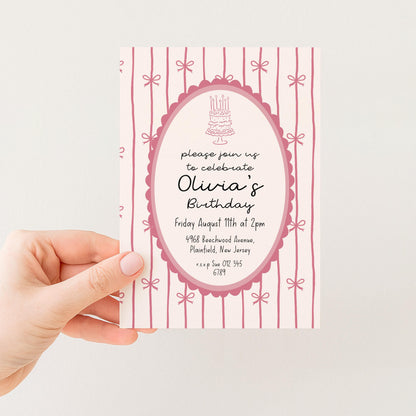 Pink Bow Birthday Invitation, Coquette Birthday Party Invite, Pink Ribbon Birthday Invitation, Elegant Girls Party Printable Template
