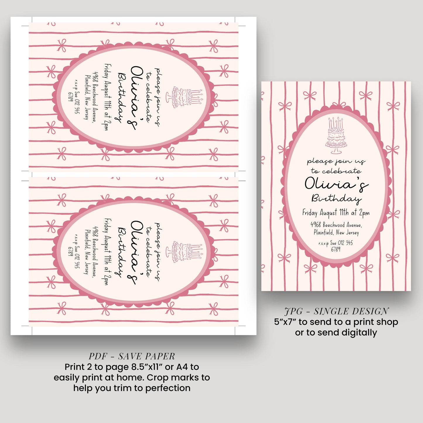 Pink Bow Birthday Invitation, Coquette Birthday Party Invite, Pink Ribbon Birthday Invitation, Elegant Girls Party Printable Template