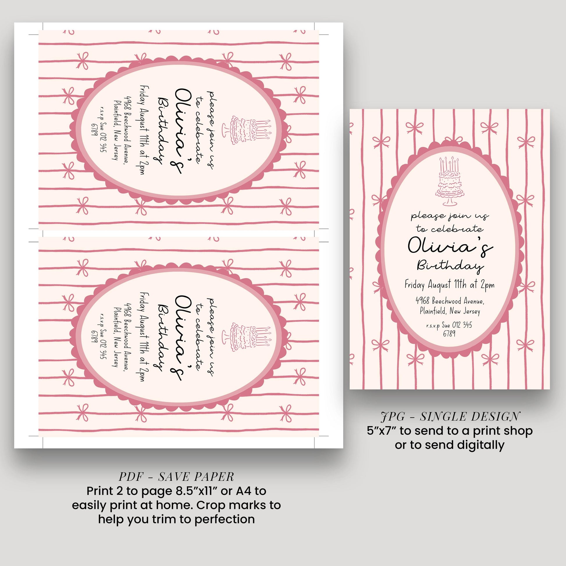 Pink Bow Birthday Invitation, Coquette Birthday Party Invite, Pink Ribbon Birthday Invitation, Elegant Girls Party Printable Template