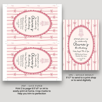 Pink Bow Birthday Invitation, Coquette Birthday Party Invite, Pink Ribbon Birthday Invitation, Elegant Girls Party Printable Template