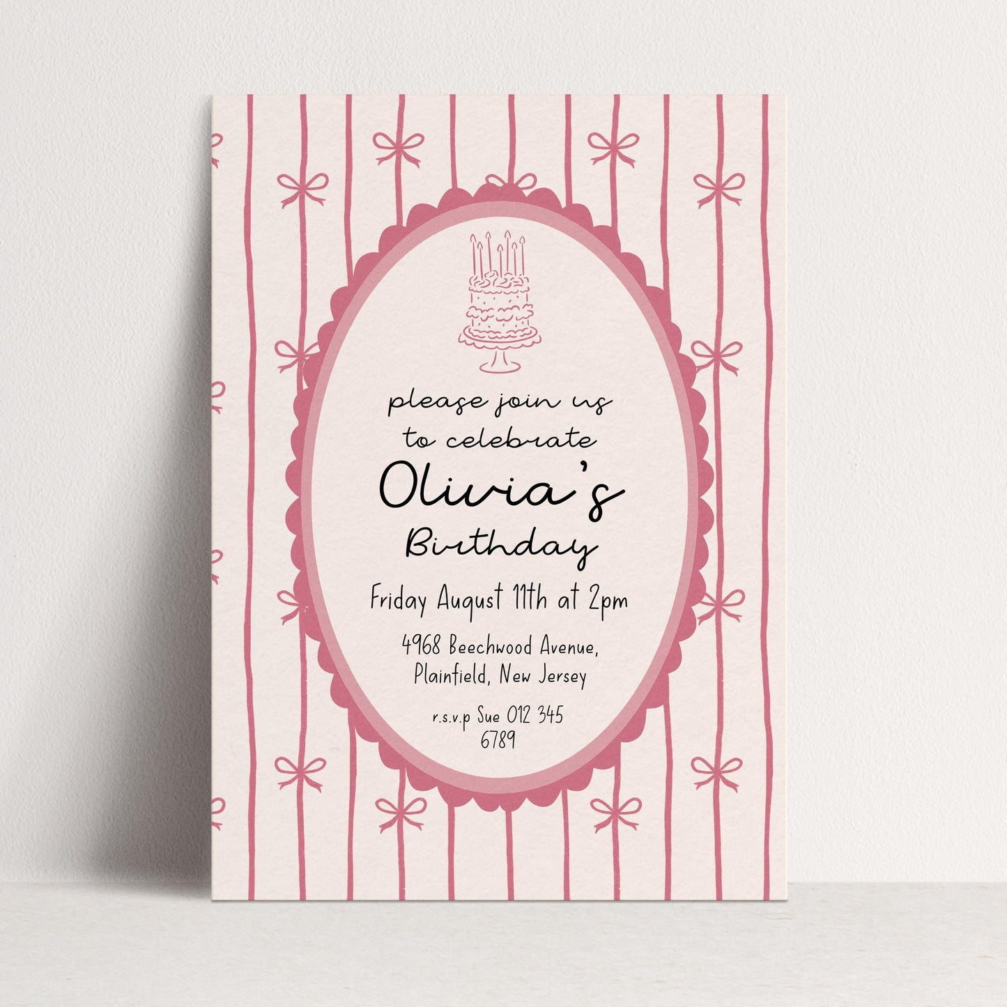 Pink Bow Birthday Invitation, Coquette Birthday Party Invite, Pink Ribbon Birthday Invitation, Elegant Girls Party Printable Template