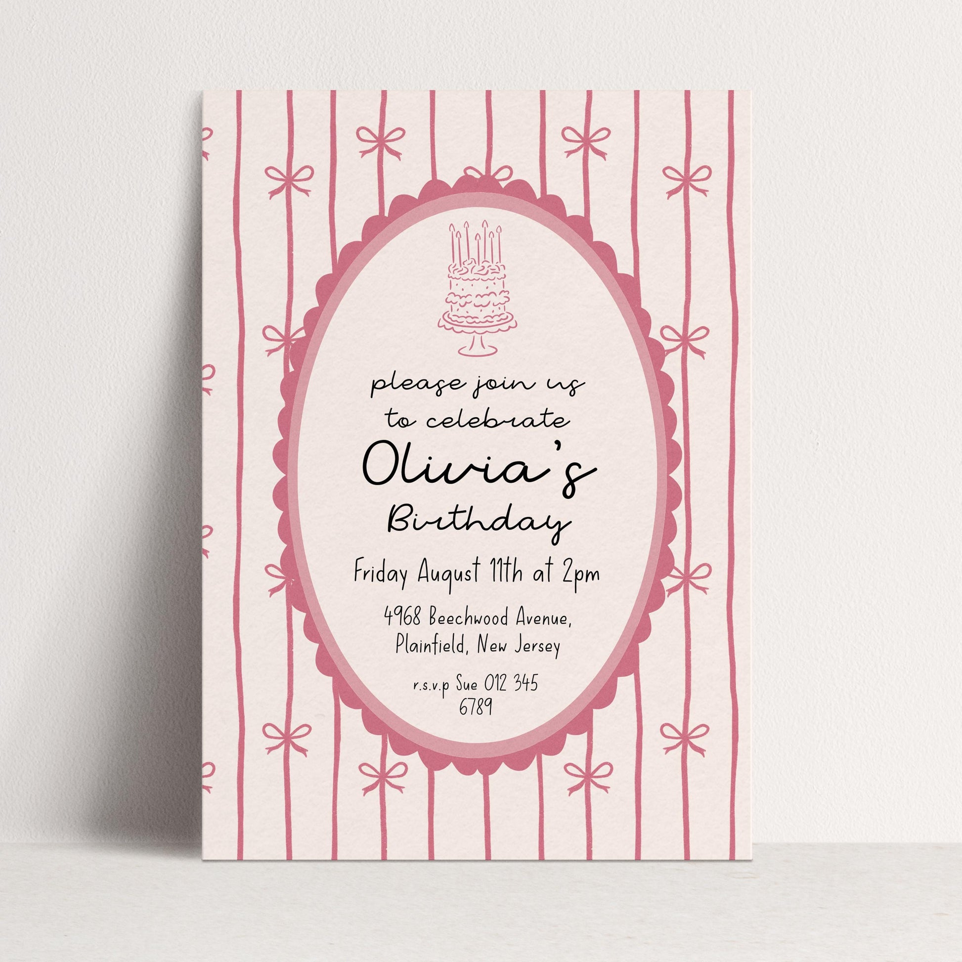 Pink Bow Birthday Invitation, Coquette Birthday Party Invite, Pink Ribbon Birthday Invitation, Elegant Girls Party Printable Template