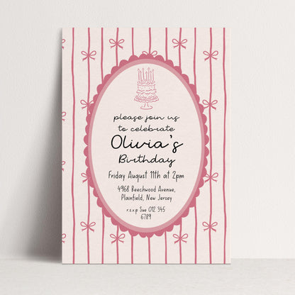 Pink Bow Birthday Invitation, Coquette Birthday Party Invite, Pink Ribbon Birthday Invitation, Elegant Girls Party Printable Template