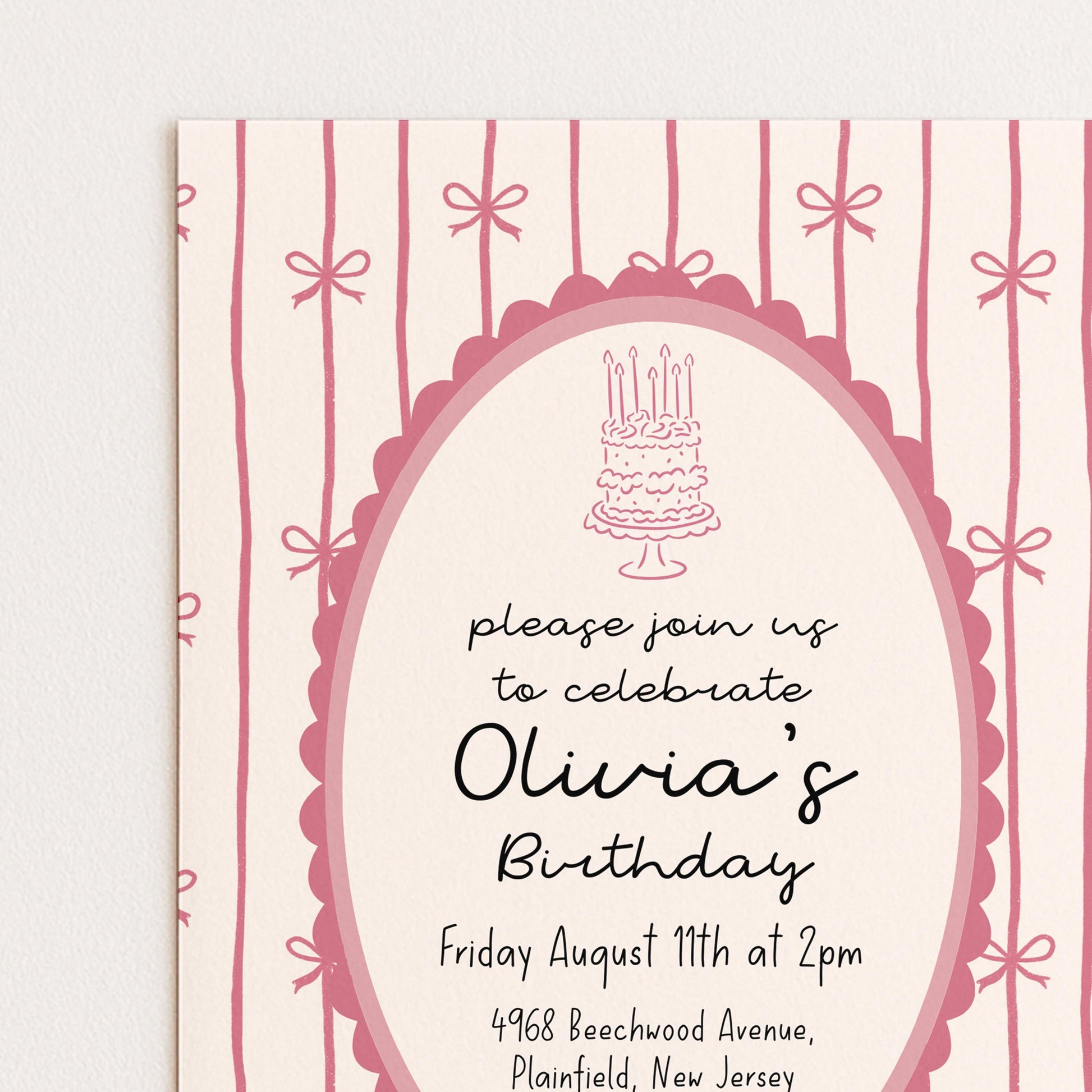 Pink Bow Birthday Invitation, Coquette Birthday Party Invite, Pink Ribbon Birthday Invitation, Elegant Girls Party Printable Template