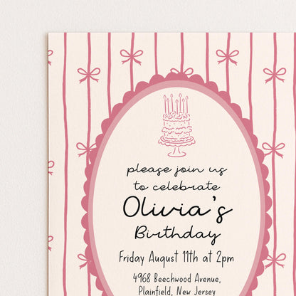 Pink Bow Birthday Invitation, Coquette Birthday Party Invite, Pink Ribbon Birthday Invitation, Elegant Girls Party Printable Template