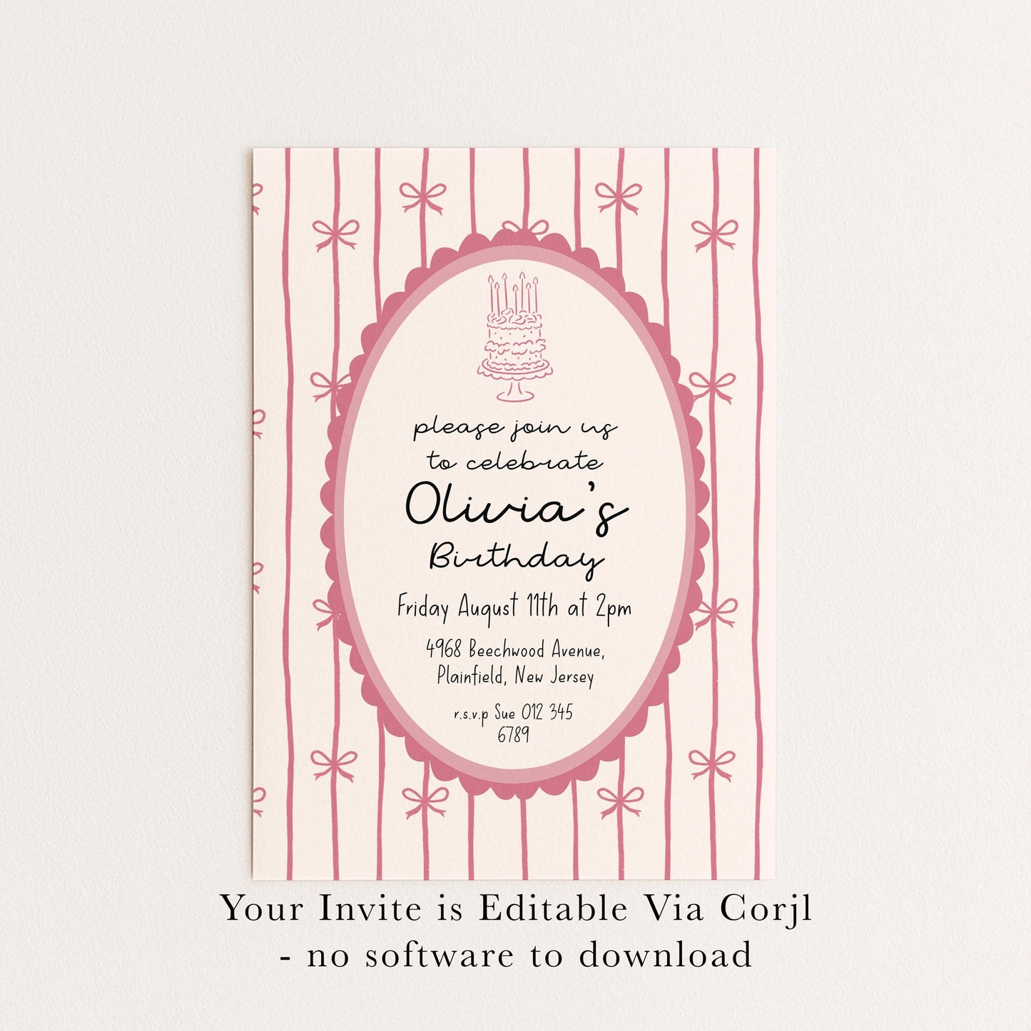 Pink Bow Birthday Invitation, Coquette Birthday Party Invite, Pink Ribbon Birthday Invitation, Elegant Girls Party Printable Template
