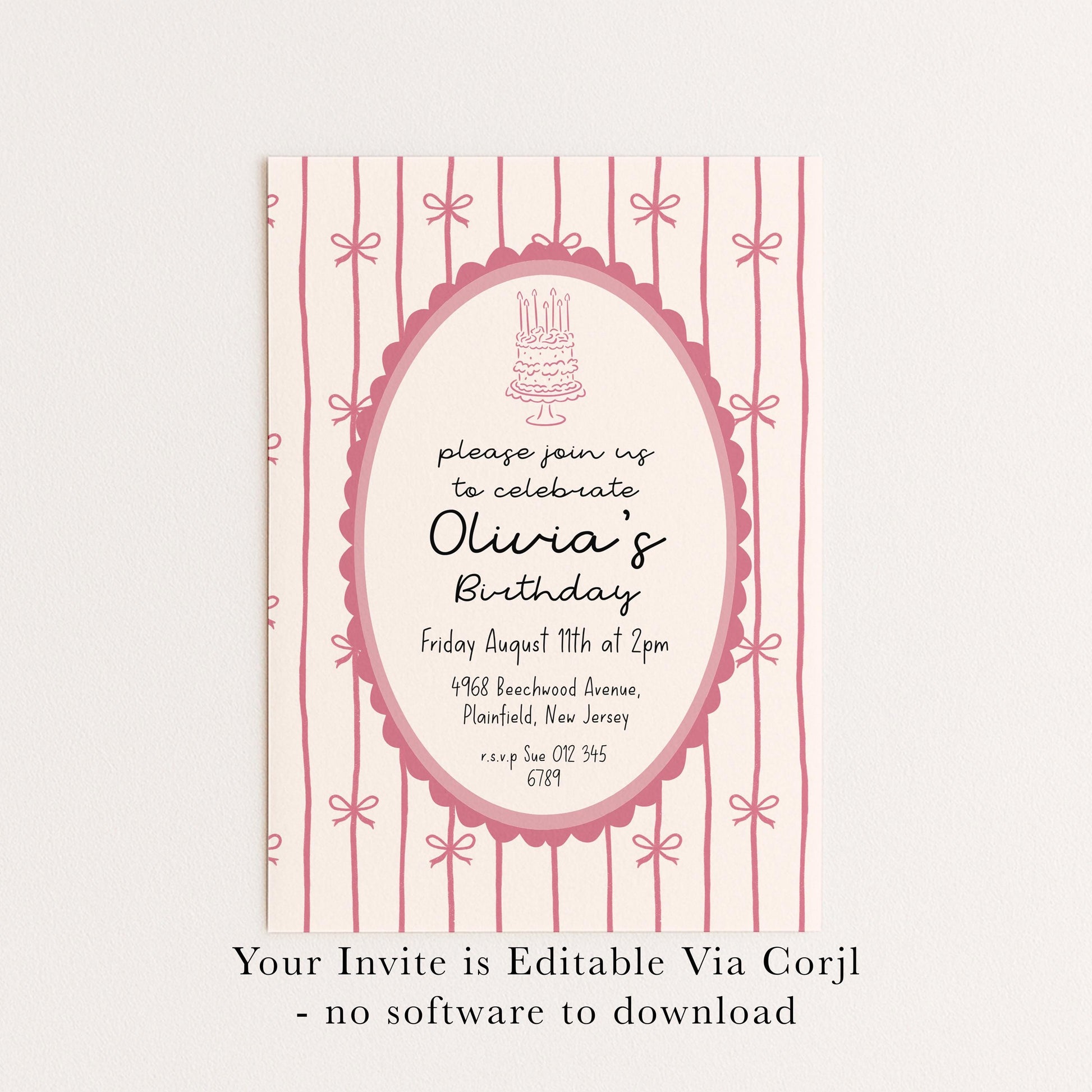 Pink Bow Birthday Invitation, Coquette Birthday Party Invite, Pink Ribbon Birthday Invitation, Elegant Girls Party Printable Template