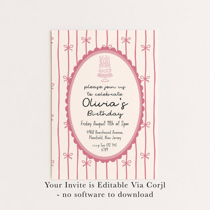 Pink Bow Birthday Invitation, Coquette Birthday Party Invite, Pink Ribbon Birthday Invitation, Elegant Girls Party Printable Template