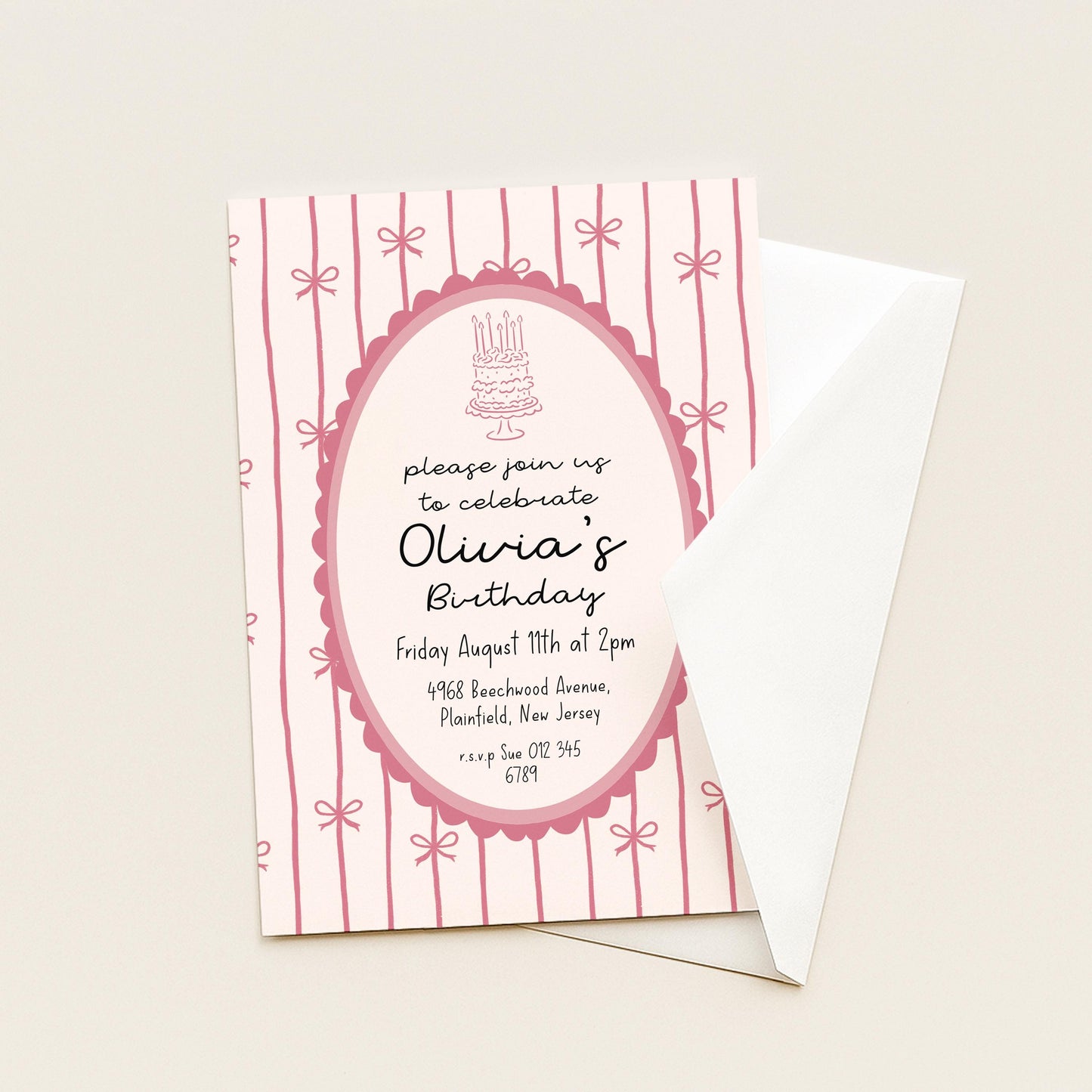 Pink Bow Birthday Invitation, Coquette Birthday Party Invite, Pink Ribbon Birthday Invitation, Elegant Girls Party Printable Template
