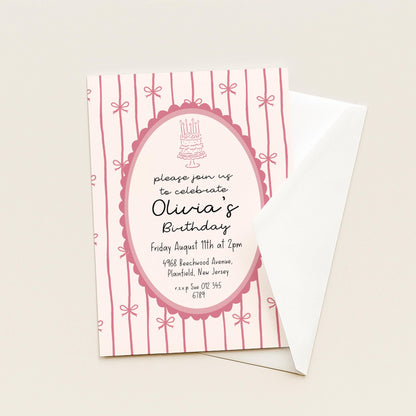 Pink Bow Birthday Invitation, Coquette Birthday Party Invite, Pink Ribbon Birthday Invitation, Elegant Girls Party Printable Template