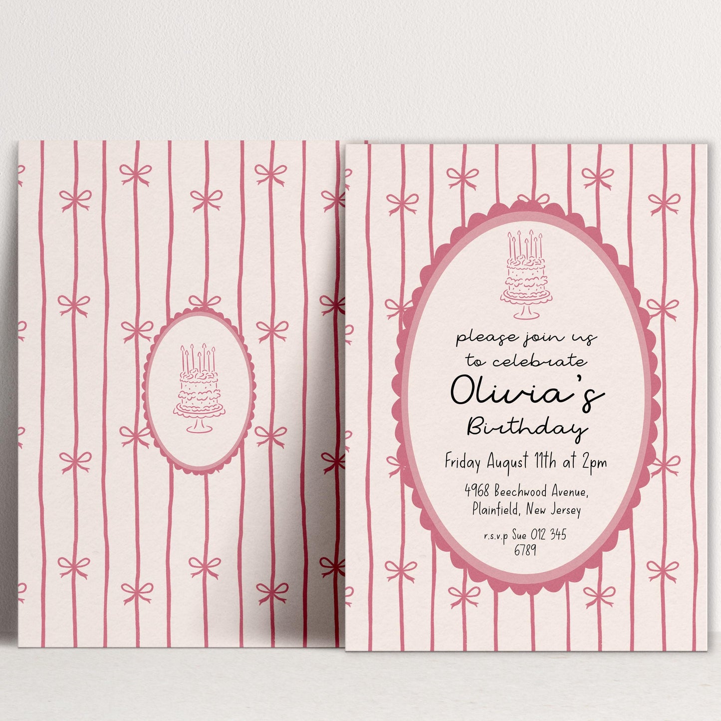 Pink Bow Birthday Invitation, Coquette Birthday Party Invite, Pink Ribbon Birthday Invitation, Elegant Girls Party Printable Template