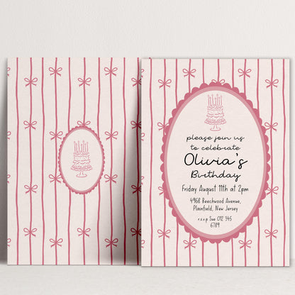 Pink Bow Birthday Invitation, Coquette Birthday Party Invite, Pink Ribbon Birthday Invitation, Elegant Girls Party Printable Template