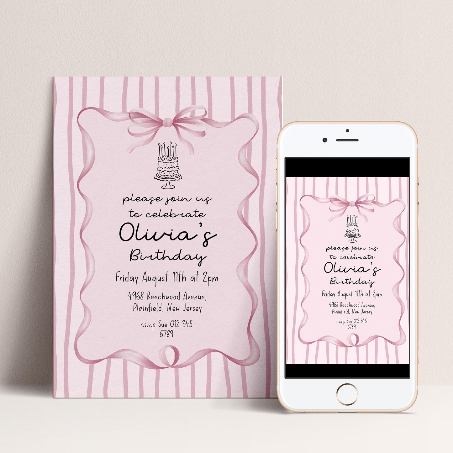 Editable Pink Bow Birthday Invitation, Coquette Birthday Party Invite, Pink Stripe Birthday Invite, Elegant Girls Party Printable Template