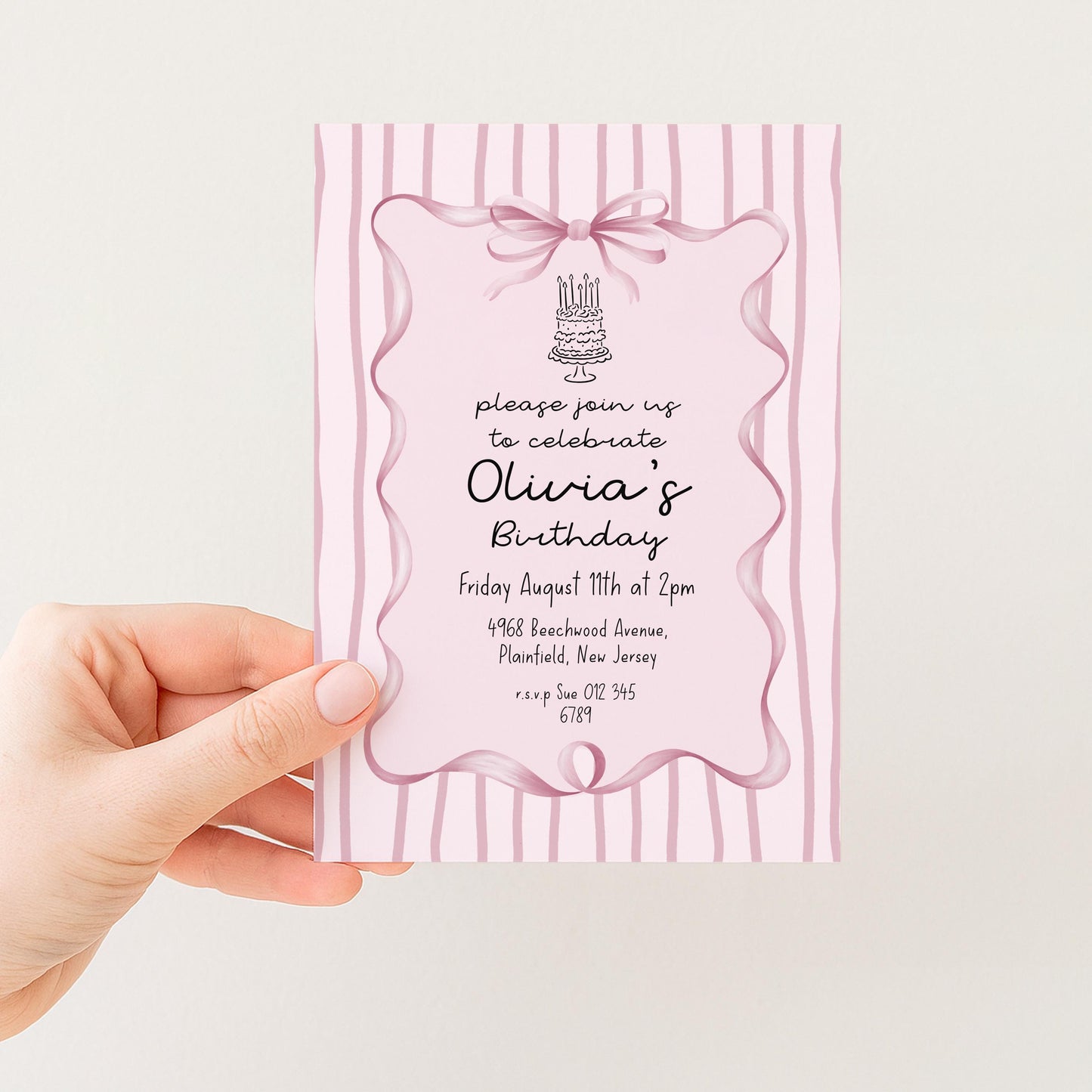 Editable Pink Bow Birthday Invitation, Coquette Birthday Party Invite, Pink Stripe Birthday Invite, Elegant Girls Party Printable Template