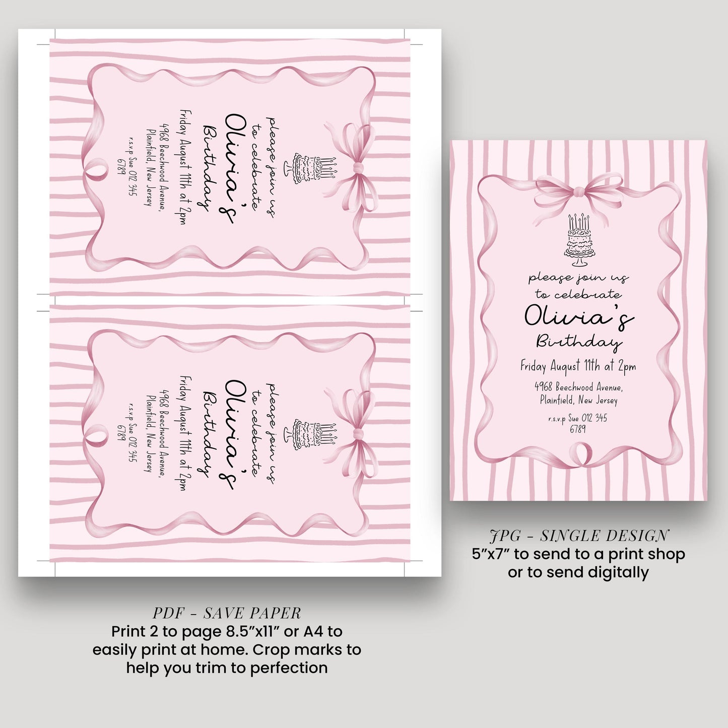 Editable Pink Bow Birthday Invitation, Coquette Birthday Party Invite, Pink Stripe Birthday Invite, Elegant Girls Party Printable Template