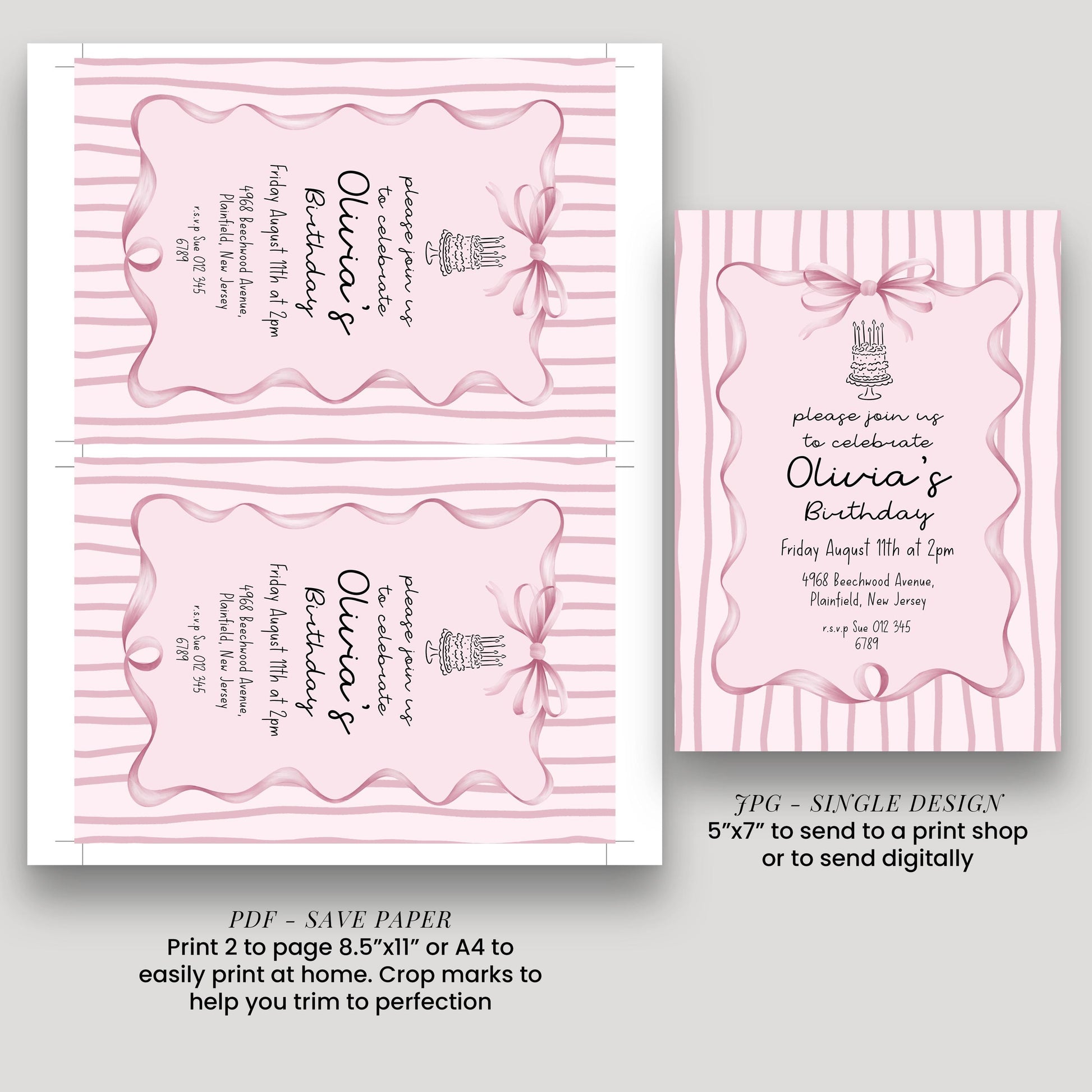 Editable Pink Bow Birthday Invitation, Coquette Birthday Party Invite, Pink Stripe Birthday Invite, Elegant Girls Party Printable Template
