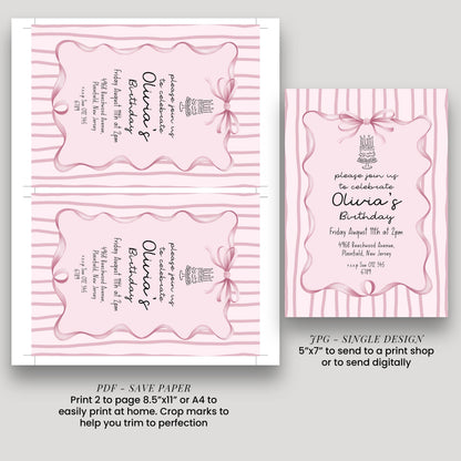 Editable Pink Bow Birthday Invitation, Coquette Birthday Party Invite, Pink Stripe Birthday Invite, Elegant Girls Party Printable Template