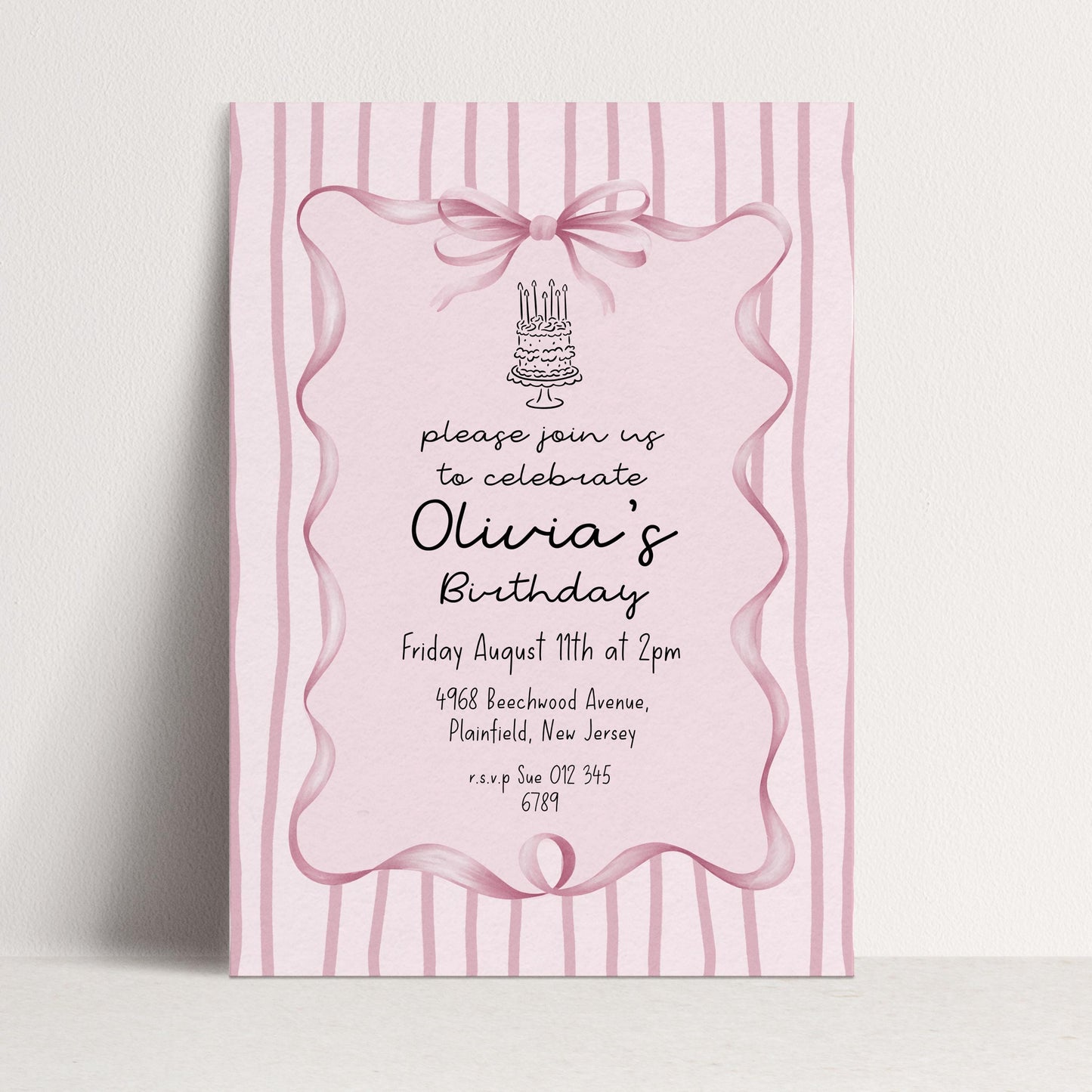 Editable Pink Bow Birthday Invitation, Coquette Birthday Party Invite, Pink Stripe Birthday Invite, Elegant Girls Party Printable Template