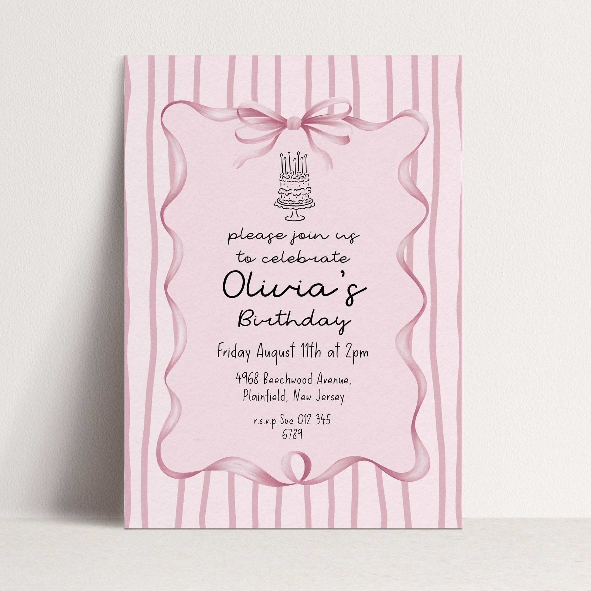 Editable Pink Bow Birthday Invitation, Coquette Birthday Party Invite, Pink Stripe Birthday Invite, Elegant Girls Party Printable Template