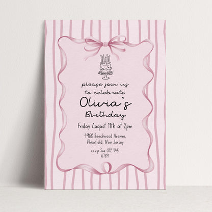 Editable Pink Bow Birthday Invitation, Coquette Birthday Party Invite, Pink Stripe Birthday Invite, Elegant Girls Party Printable Template