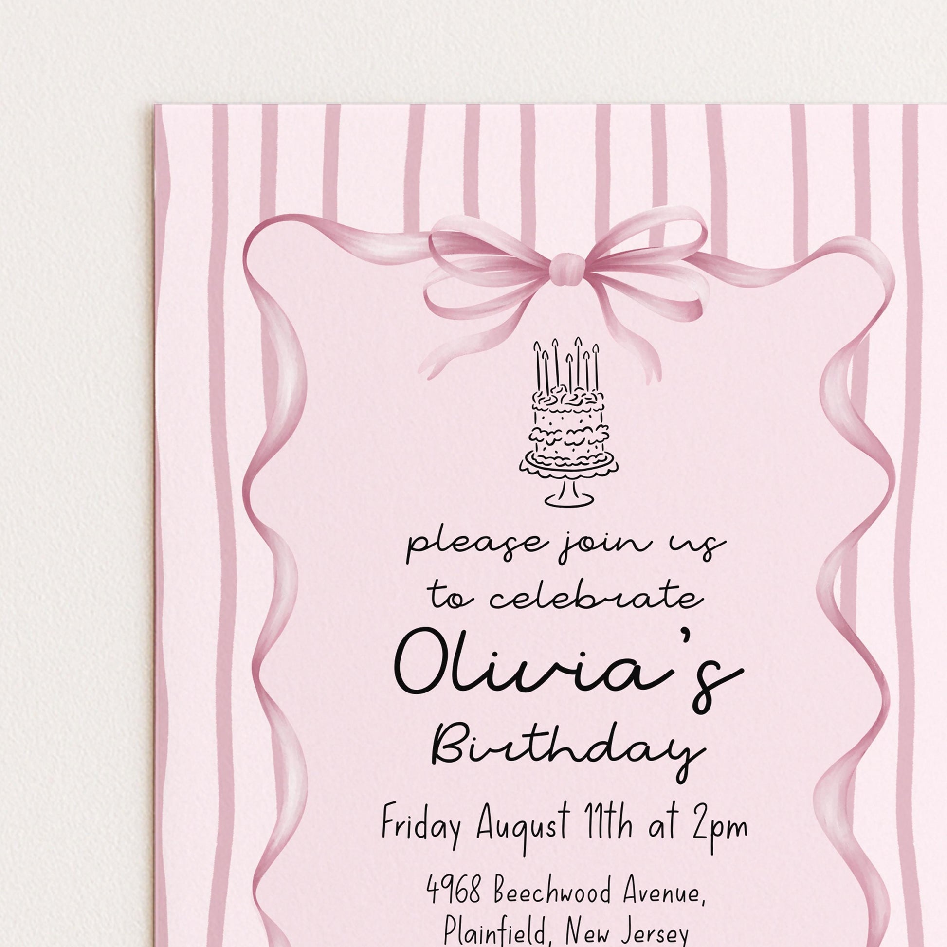 Editable Pink Bow Birthday Invitation, Coquette Birthday Party Invite, Pink Stripe Birthday Invite, Elegant Girls Party Printable Template