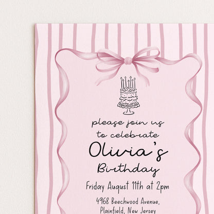 Editable Pink Bow Birthday Invitation, Coquette Birthday Party Invite, Pink Stripe Birthday Invite, Elegant Girls Party Printable Template