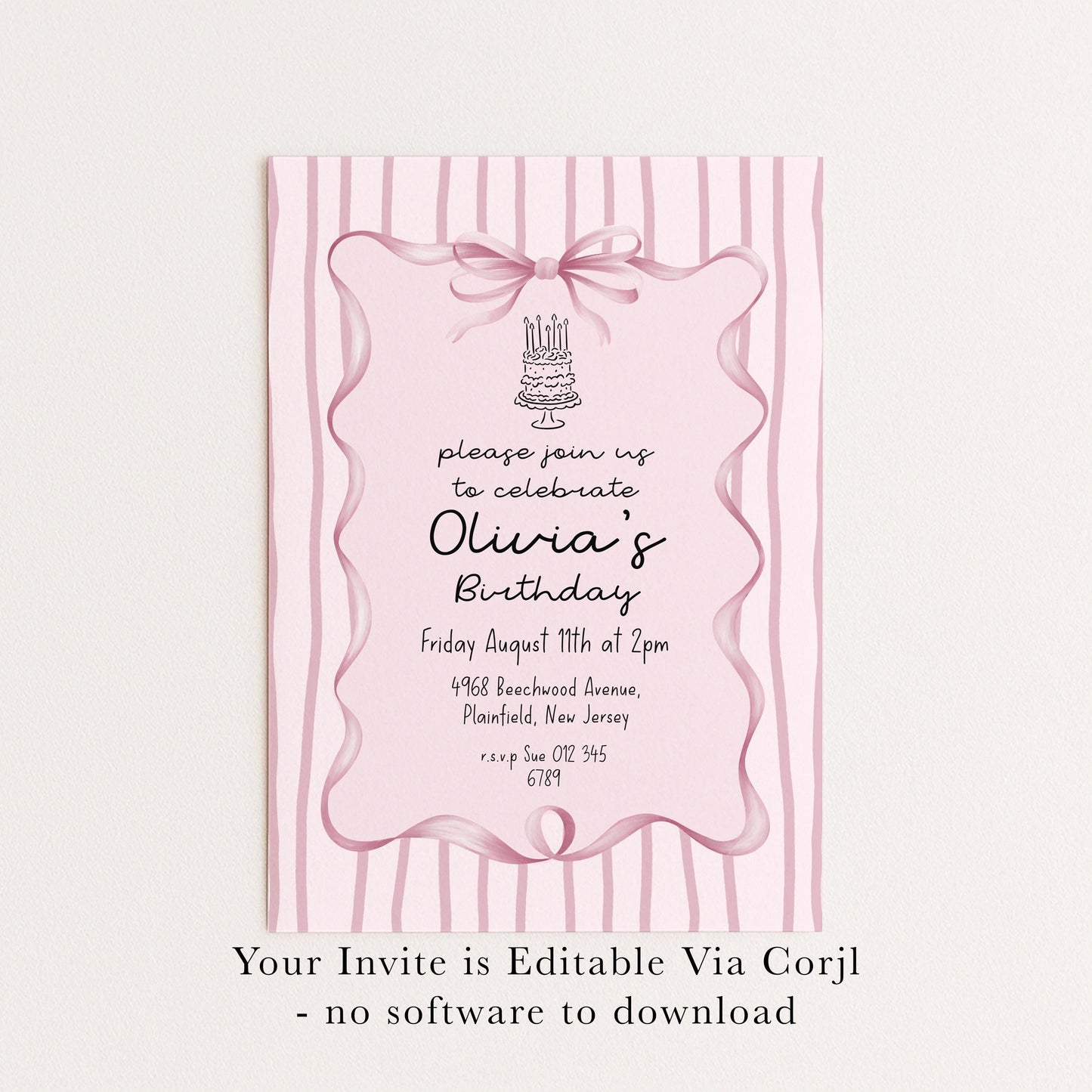 Editable Pink Bow Birthday Invitation, Coquette Birthday Party Invite, Pink Stripe Birthday Invite, Elegant Girls Party Printable Template