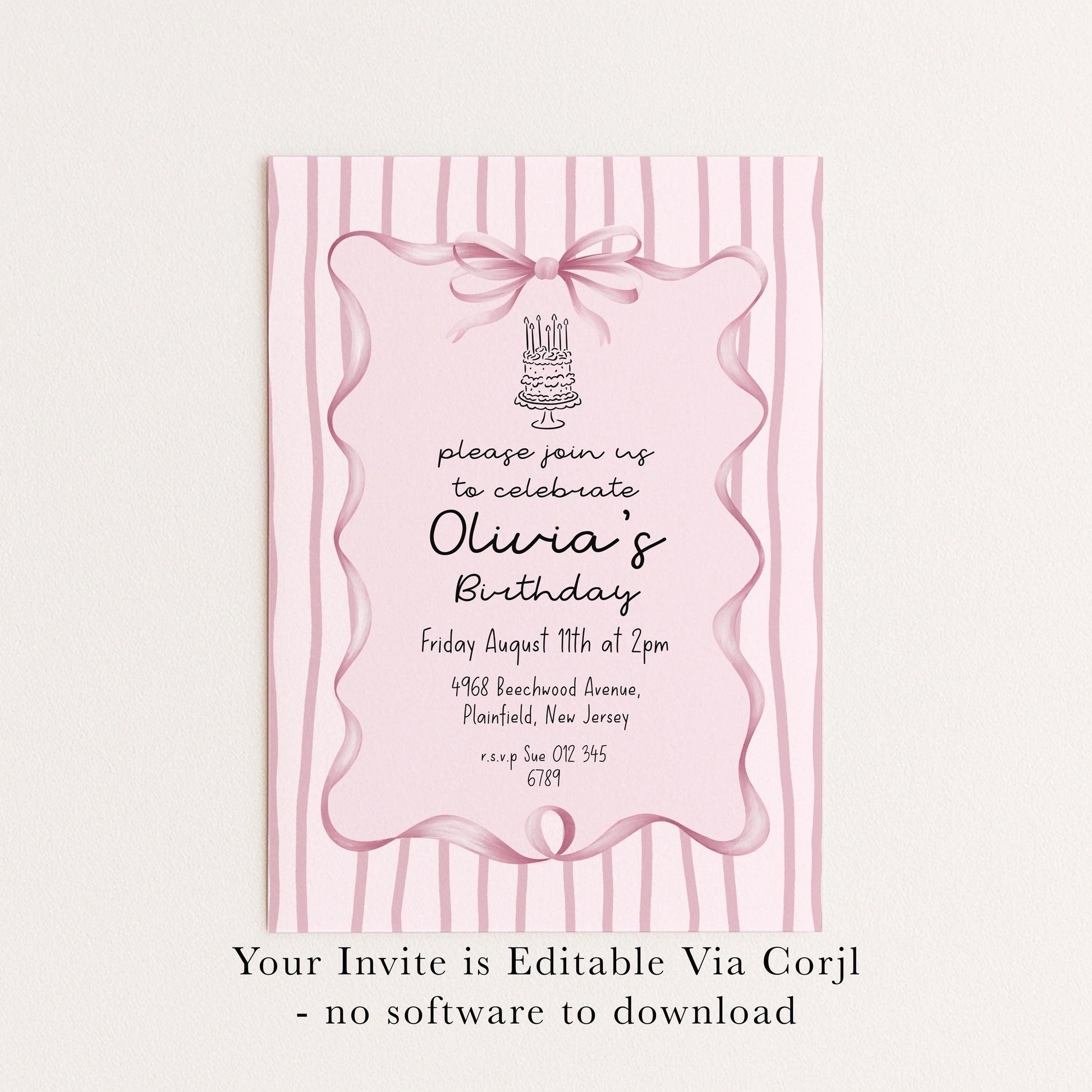 Editable Pink Bow Birthday Invitation, Coquette Birthday Party Invite, Pink Stripe Birthday Invite, Elegant Girls Party Printable Template