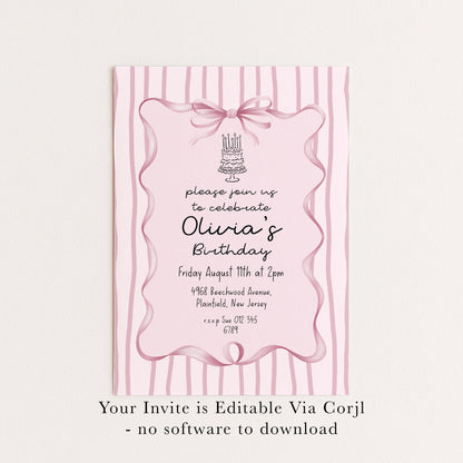 Editable Pink Bow Birthday Invitation, Coquette Birthday Party Invite, Pink Stripe Birthday Invite, Elegant Girls Party Printable Template