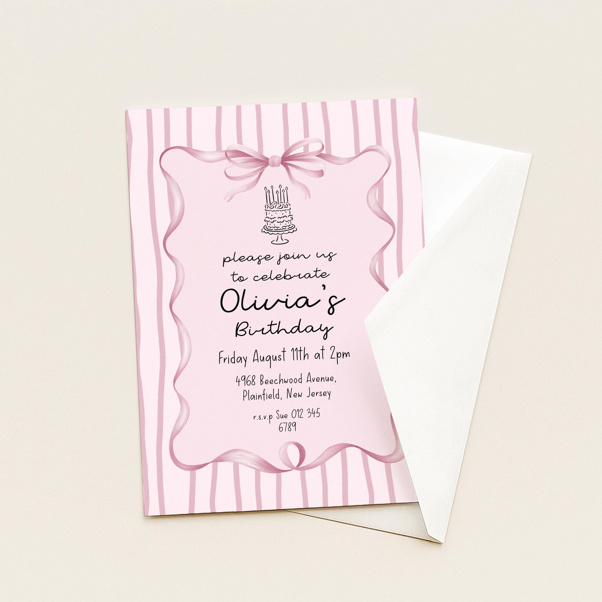Editable Pink Bow Birthday Invitation, Coquette Birthday Party Invite, Pink Stripe Birthday Invite, Elegant Girls Party Printable Template