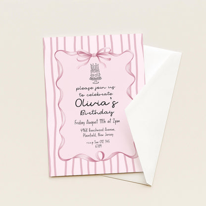 Editable Pink Bow Birthday Invitation, Coquette Birthday Party Invite, Pink Stripe Birthday Invite, Elegant Girls Party Printable Template