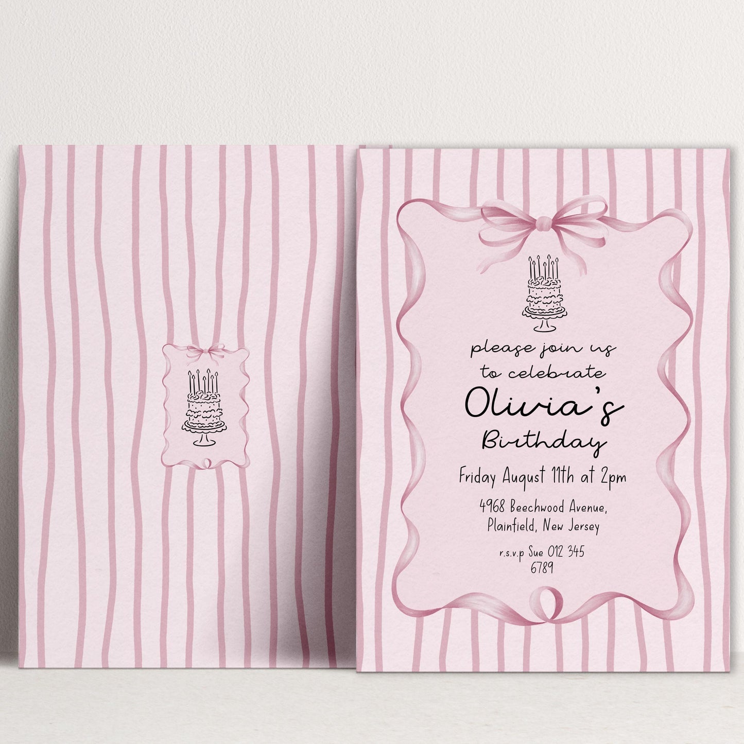 Editable Pink Bow Birthday Invitation, Coquette Birthday Party Invite, Pink Stripe Birthday Invite, Elegant Girls Party Printable Template