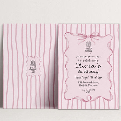 Editable Pink Bow Birthday Invitation, Coquette Birthday Party Invite, Pink Stripe Birthday Invite, Elegant Girls Party Printable Template