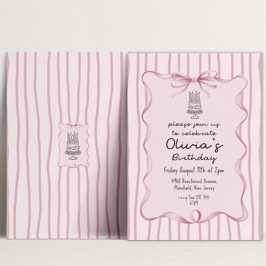 Editable Pink Bow Birthday Invitation, Coquette Birthday Party Invite, Pink Stripe Birthday Invite, Elegant Girls Party Printable Template