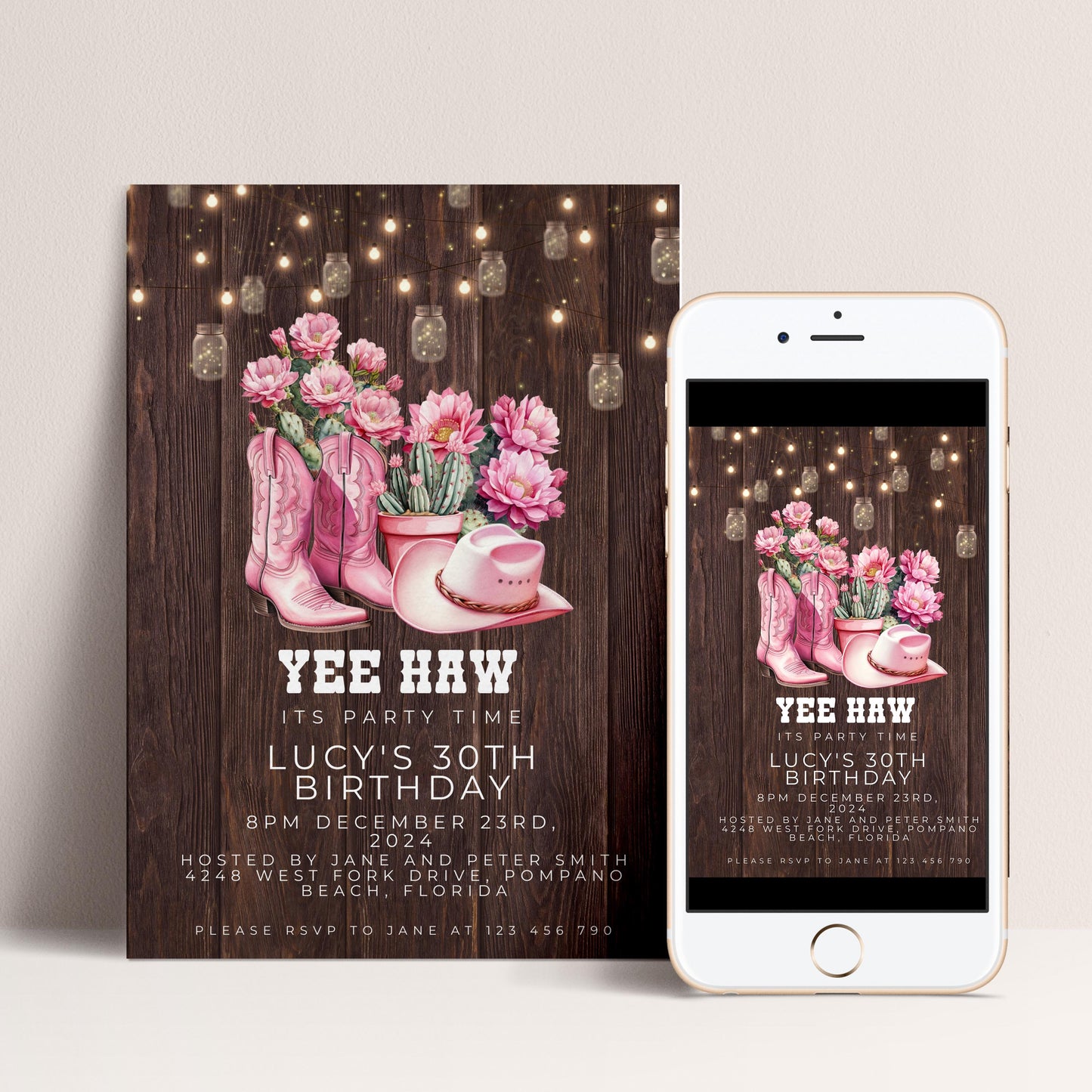 The image is a birthday invitation for a 30th celebration, featuring a rustic theme with wooden planks, pink cowboy boots, and pink flowers.