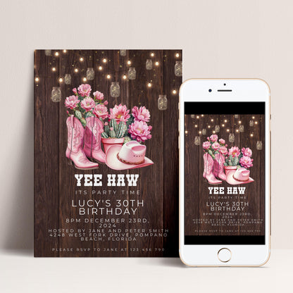 The image is a birthday invitation for a 30th celebration, featuring a rustic theme with wooden planks, pink cowboy boots, and pink flowers.