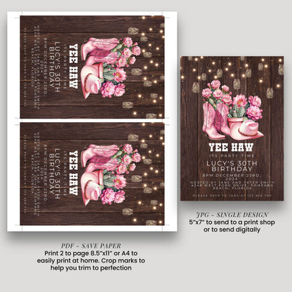 The image is a collage of two images, one of which is a birthday invitation featuring a cowboy theme with pink boots and flowers, and the other is a print design of a birthday party invitation with a cowboy theme.