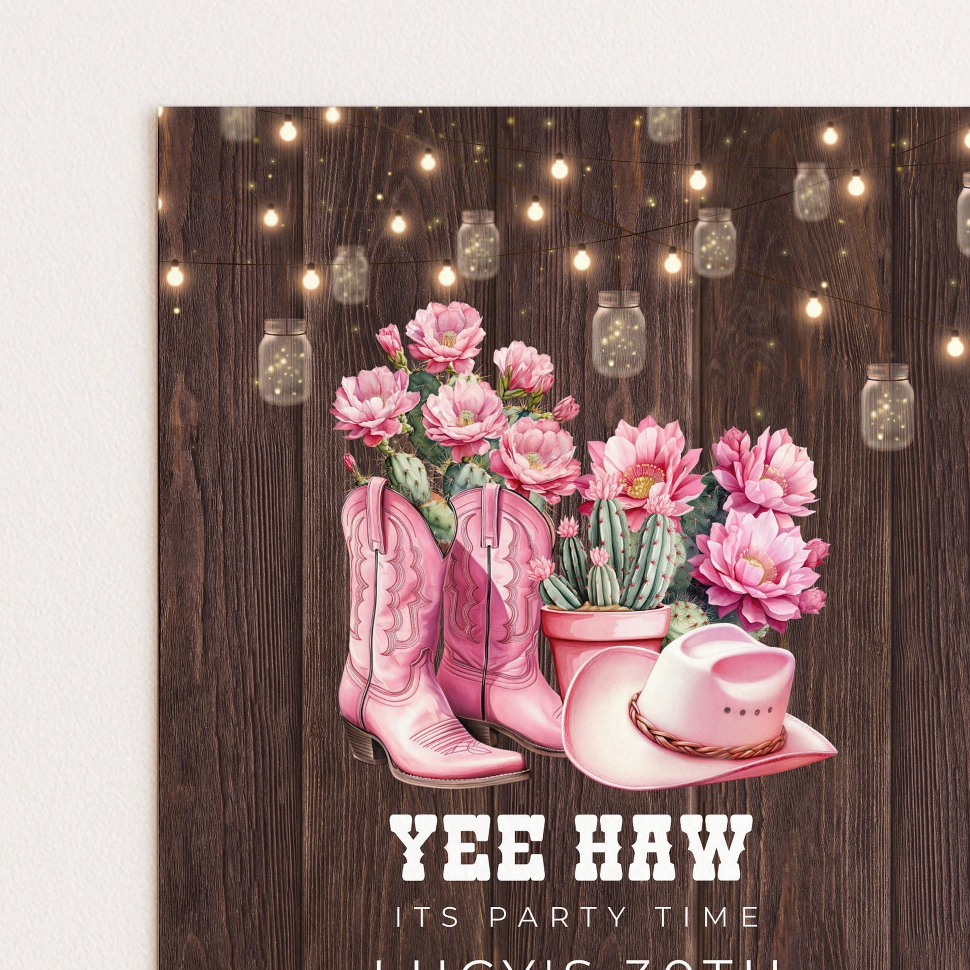 The image is a poster for a party, featuring a wooden background with pink flowers, cowboy boots, and a cowboy hat.